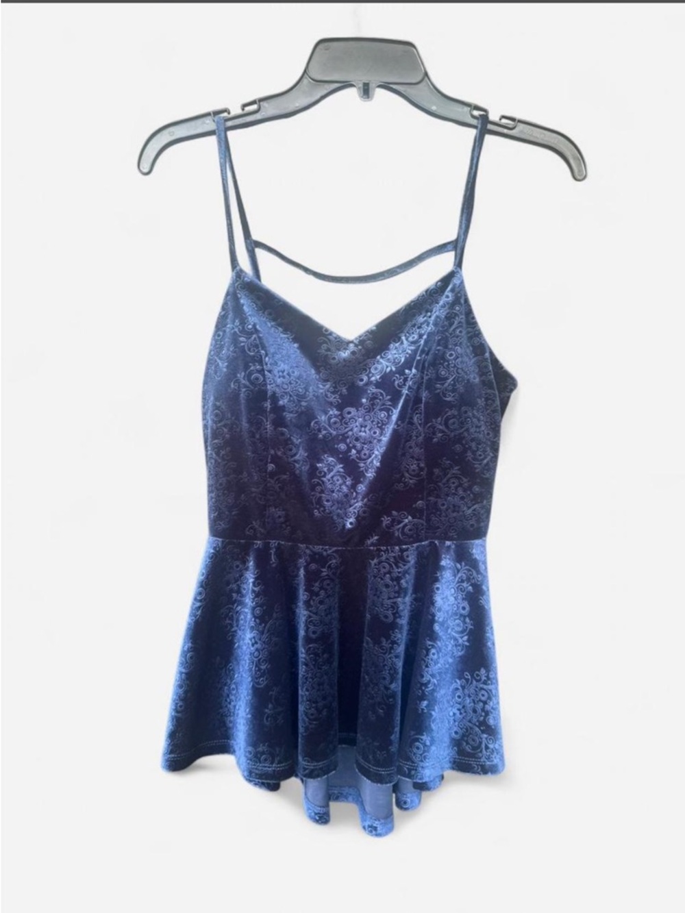 Monteau Navy Blue Velvet Floral Peplum Cami Top